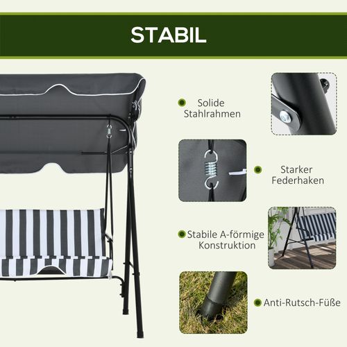 Balancelle 3 Places En Acier Avec Coussin Et Toit Réglable, 240 Kg Max, Gris/blanc