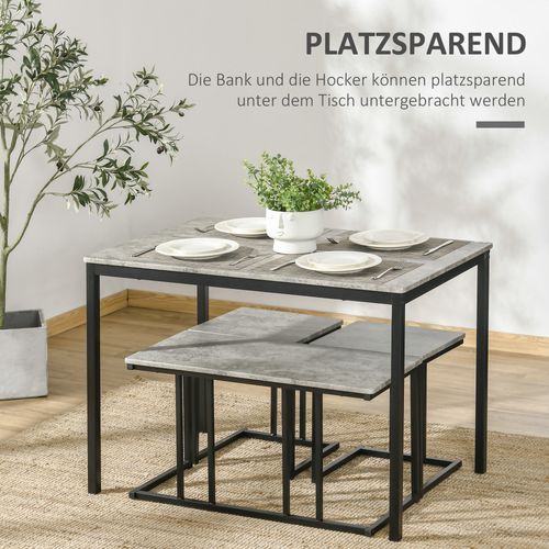 Ensemble Table Mdf Métal 4 Personnes Avec 3 Bancs Compact Cuisine Ou Salon, Gris