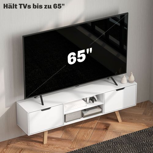 Meuble TV Bois 150x39x50 Cm 2 Placards 2 Étagères, Pour Salon TV 65 Pouces, Blanc