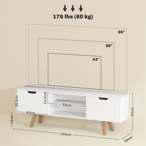 Meuble TV Bois 150x39x50 Cm 2 Placards 2 Étagères, Pour Salon TV 65 Pouces, Blanc