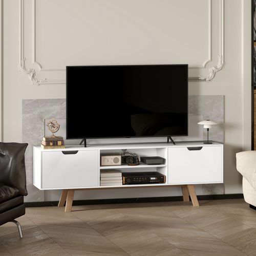 Meuble TV Bois 150x39x50 Cm 2 Placards 2 Étagères, Pour Salon TV 65 Pouces, Blanc