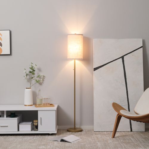 Lampe Sur Pied En Acier Avec Abat-jour En Lin, Interrupteur à Tirette, Crème