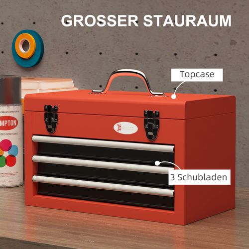 Boîte à Outils En Acier Avec 3 Tiroirs Et Compartiment Supérieur, Rouge