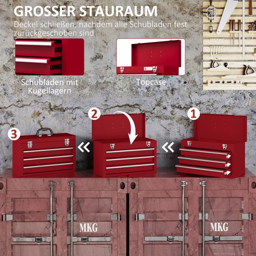 Boîte à Outils En Acier, 3 Tiroirs Et Compartiment Supérieur, Poignée Et Serrure, Rouge