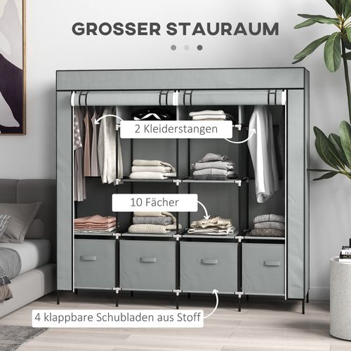 Armoire En Tissu Avec Tringle à Vêtements 10 Compartiments 4 Tiroirs, Gris Foncé