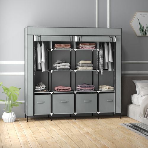 Armoire En Tissu Avec Tringle à Vêtements 10 Compartiments 4 Tiroirs, Gris Foncé