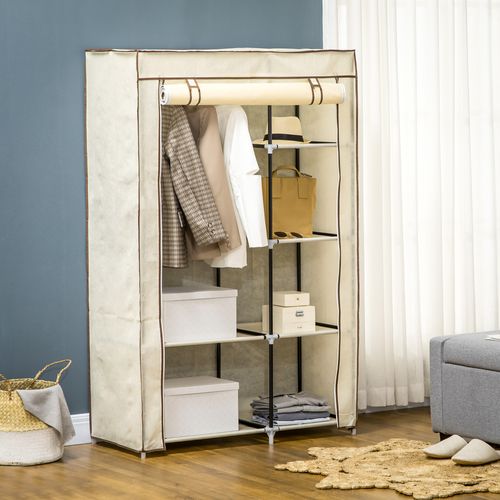 Armoire En Tissu Pliante Avec 2 Barres à Vêtements Et 6 Compartiments, Crème