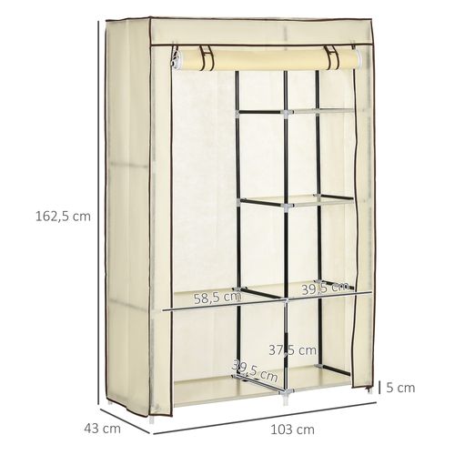 Armoire En Tissu Pliante Avec 2 Barres à Vêtements Et 6 Compartiments, Crème