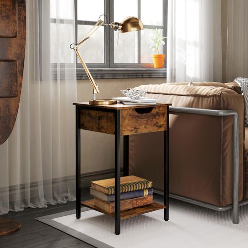 Table D’appoint Industrielle 40×40×68 cm, Cadre Acier, Marron Rustique, Salon/chambre