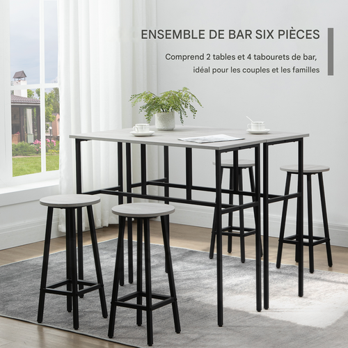 Ensemble Salle à Manger 6 Pièces, 2 Tables De Bar Et 4 Tabourets, Style Industriel, Gris