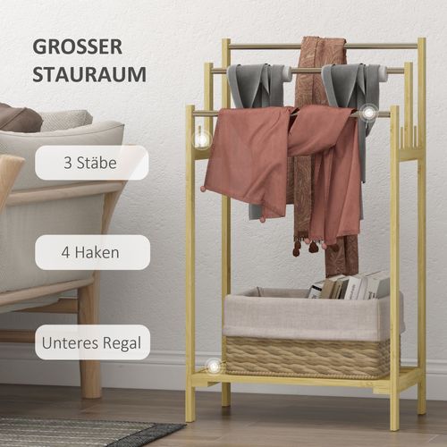 Porte-serviettes Autoportant En Bambou Avec 4 Crochets, 3 Barres Pour Serviettes