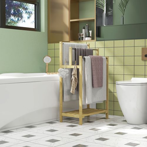 Porte-serviettes Autoportant En Bambou Avec 4 Crochets, 3 Barres Pour Serviettes