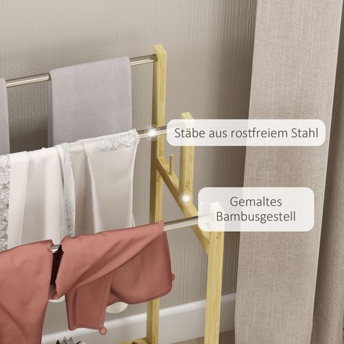 Porte-serviettes Autoportant En Bambou Avec 4 Crochets, 3 Barres Pour Serviettes