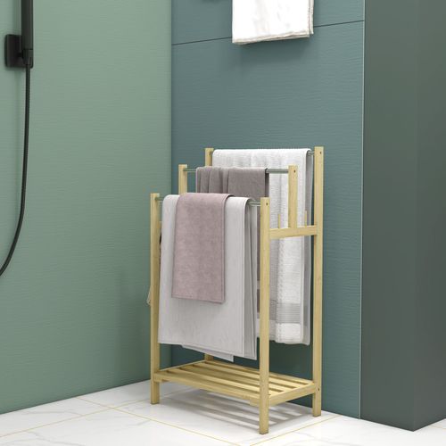 Porte-serviettes Autoportant En Bambou Avec 4 Crochets, 3 Barres Pour Serviettes