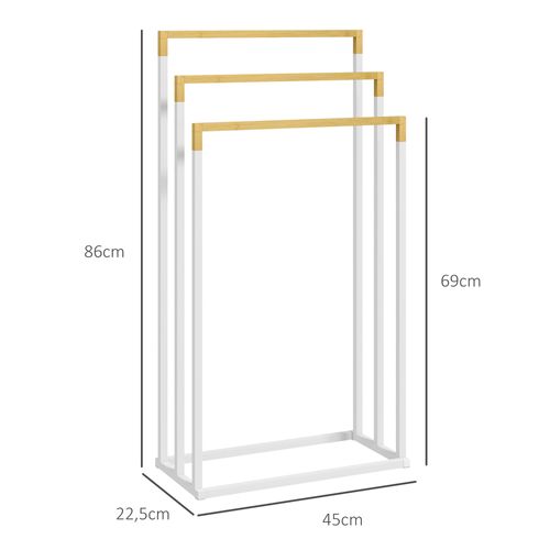 Porte-serviettes Freestanding En Acier Et Bambou Avec 3 Barres Pour Serviettes, Blanc