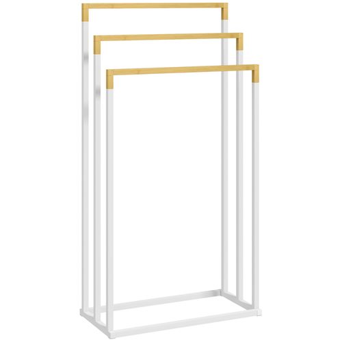 Porte-serviettes Freestanding En Acier Et Bambou Avec 3 Barres Pour Serviettes, Blanc