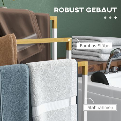 Porte-serviettes Freestanding En Acier Et Bambou Avec 3 Barres Pour Serviettes, Blanc