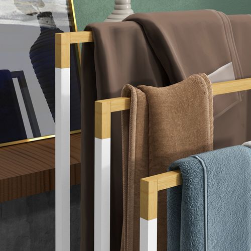 Porte-serviettes Freestanding En Acier Et Bambou Avec 3 Barres Pour Serviettes, Blanc
