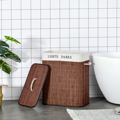 Panier à Linge 100l Bambou Coton Métal Avec 3 Poignées, Sac Amovible, Brun Et Blanc 52x32x63cm