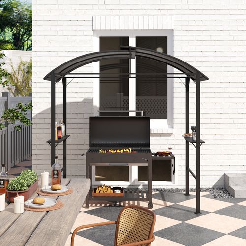 Pavillon De Barbecue 233x110x235 Cm, Avec Étagères, Toit Double, Protection Uv, ,gris Foncé