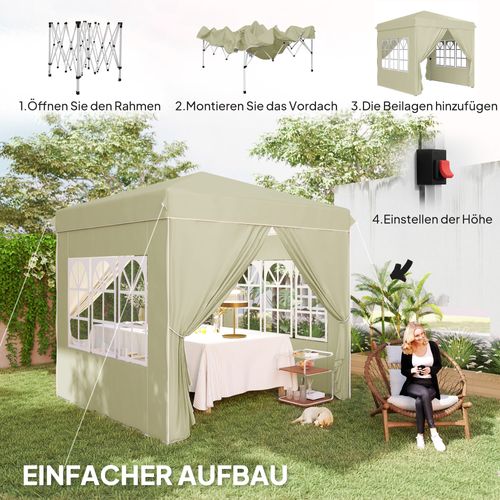 Pavillon 2,5x2,5m, Imperméable, Stable, Pop-up Avec 4 Côtés, Protection Uv 50+, ,crème