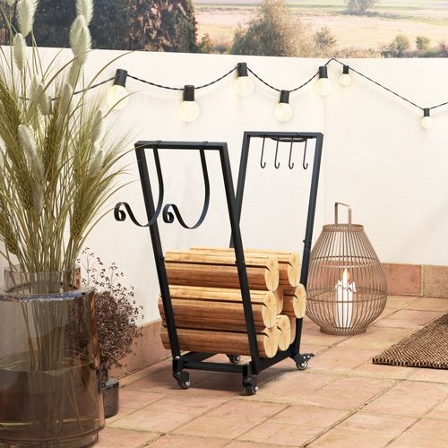 Support à Bûches En Métal, Avec Roulettes, Crochets Pour Bois D'allumage Et Outils, Noir