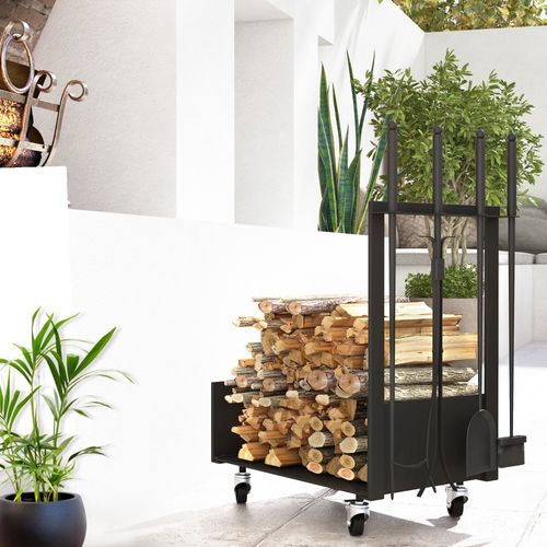 Support à Bûches En Métal Avec Roues, Pelle, Balai Et Accessoires, Noir