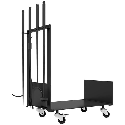 Support à Bûches En Métal Avec Roues, Pelle, Balai Et Accessoires, Noir