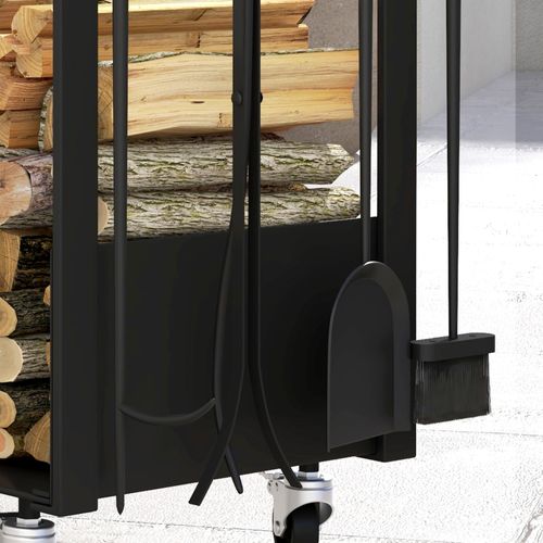 Support à Bûches En Métal Avec Roues, Pelle, Balai Et Accessoires, Noir