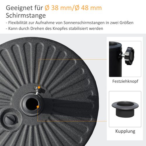 Pied Parasol 22 Kg En Ciment Ø51x12 Cm, Pour Ø38/48 Mm, Résistant Aux Intempéries, Noir