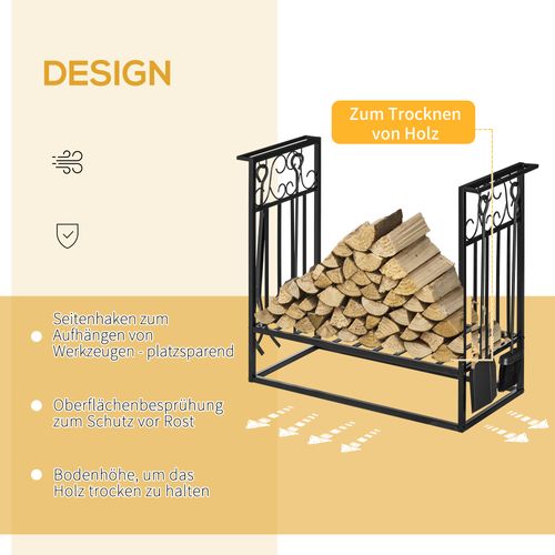 Support à Bûches En Acier Noir Avec Outils De Cheminée, Dimensions 75 X 30 X 60 Cm