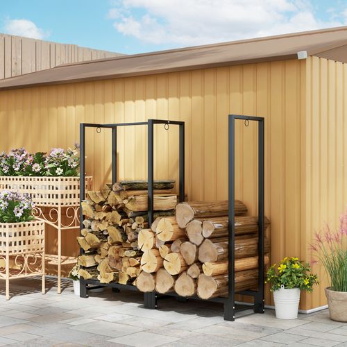 Étagère à Bois En Acier Avec Deux Sections, Trois Crochets, 200 Kg, Noir