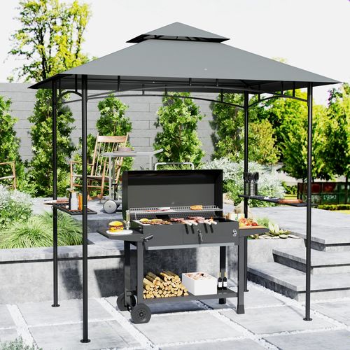 Pavillon De Jardin En Métal Et Tissu Imperméable Flamme Retardant Avec Auvent Double, Gris Foncé