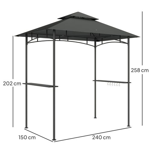 Pavillon De Jardin En Métal Et Tissu Imperméable Flamme Retardant Avec Auvent Double, Gris Foncé