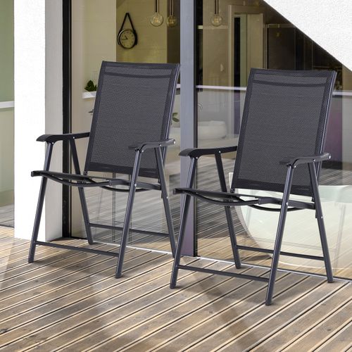 Ensemble De 2 Chaises Pliantes En Métal Noir Avec Accoudoirs Pour Camping, 58x64x94cm