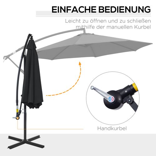 Parasol Déporté Avec Manivelle, Structure En Acier Et Tissu En Polyester, ,noir, Ø3x2,5 M