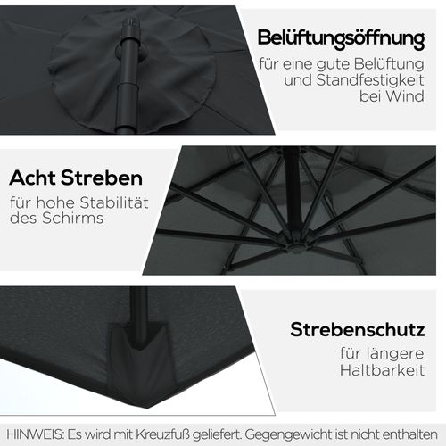 Parasol Déporté Avec Manivelle, Structure En Acier Et Tissu En Polyester, ,noir, Ø3x2,5 M