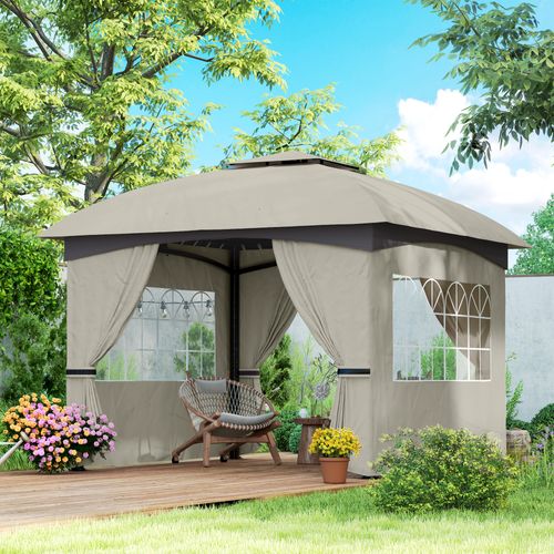 Pavillon 3,4x3,4m, Imperméable, Avec 4 Côtés, Toit Double, Cadre Métallique, ,gris Clair