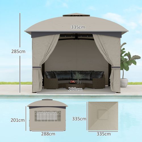 Pavillon 3,4x3,4m, Imperméable, Avec 4 Côtés, Toit Double, Cadre Métallique, ,gris Clair