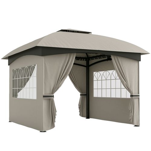 Pavillon 3,4x3,4m, Imperméable, Avec 4 Côtés, Toit Double, Cadre Métallique, ,gris Clair