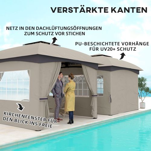 Pavillon 3,4x3,4m, Imperméable, Avec 4 Côtés, Toit Double, Cadre Métallique, ,gris Clair