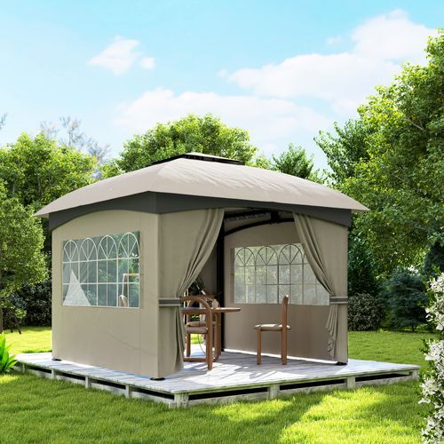 Pavillon 3,4x3,4m, Imperméable, Avec 4 Côtés, Toit Double, Cadre Métallique, ,gris Clair