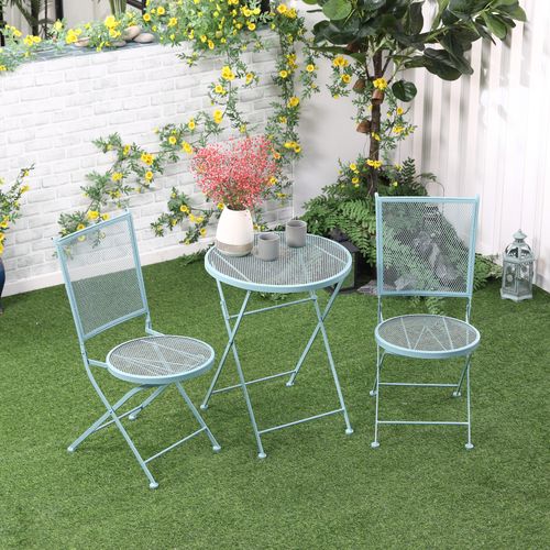 Ensemble De Bistro Pour 2 Personnes En Métal Pliable, Idéal Pour Terrasse Et Balcon, Bleu