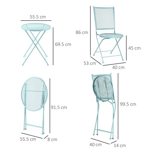 Ensemble De Bistro Pour 2 Personnes En Métal Pliable, Idéal Pour Terrasse Et Balcon, Bleu