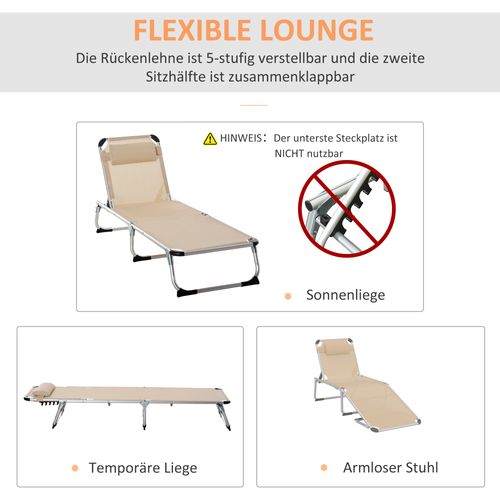 Transat En Aluminium 5 Positions Réglable Pliable Ergonomique, Tissu En Maille Beige 170x60x76cm