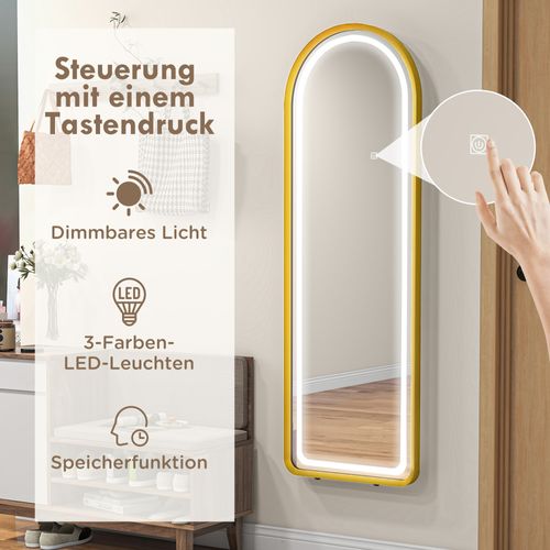 Miroir Décoratif En Métal Avec Éclairage LED Dimmable, Miroir Mural Et Sur Pied, Doré 47x146 Cm