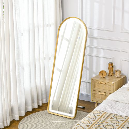Miroir Décoratif En Métal Avec Éclairage LED Dimmable, Miroir Mural Et Sur Pied, Doré 47x146 Cm