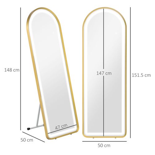 Miroir Décoratif En Métal Avec Éclairage LED Dimmable, Miroir Mural Et Sur Pied, Doré 47x146 Cm