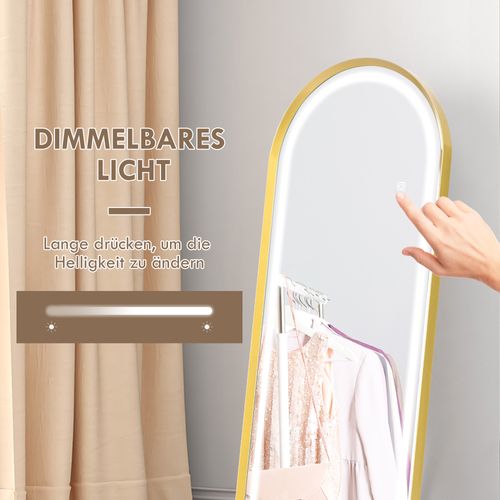 Miroir Décoratif En Métal Avec Éclairage LED Dimmable, Miroir Mural Et Sur Pied, Doré 47x146 Cm