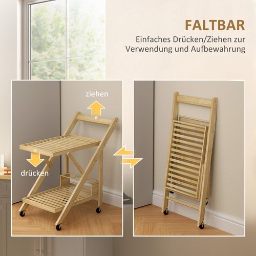 Chariot De Cuisine En Bambou Avec Porte-bouteilles, 2 Niveaux, Plan De Travail, Nature